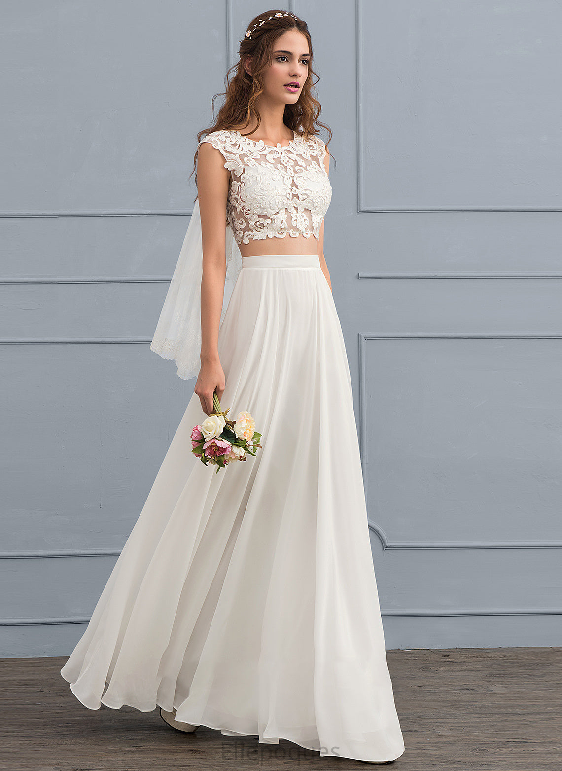 Nancy Floor-Length Scoop Dress Chiffon Wedding Dresses Neck Sequins Wedding A-Line With Beading