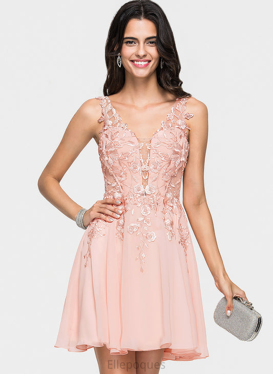 Beading Chiffon Homecoming A-Line Lace Dress Short/Mini With Homecoming Dresses Myla V-neck