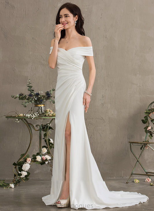 Dress Melinda Off-the-Shoulder Stretch Crepe With Sheath/Column Front Split Wedding Dresses Ruffle Wedding Sweep Train