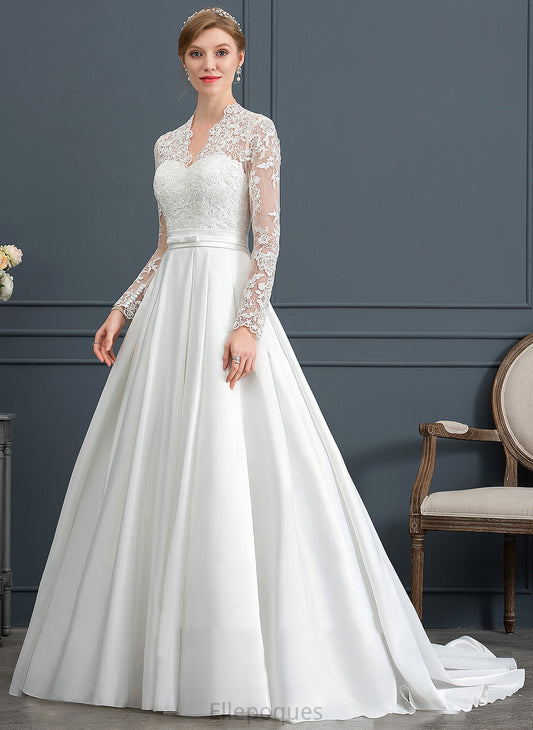 V-neck Leia Court Lace Ball-Gown/Princess Train Dress Wedding Bow(s) With Satin Wedding Dresses