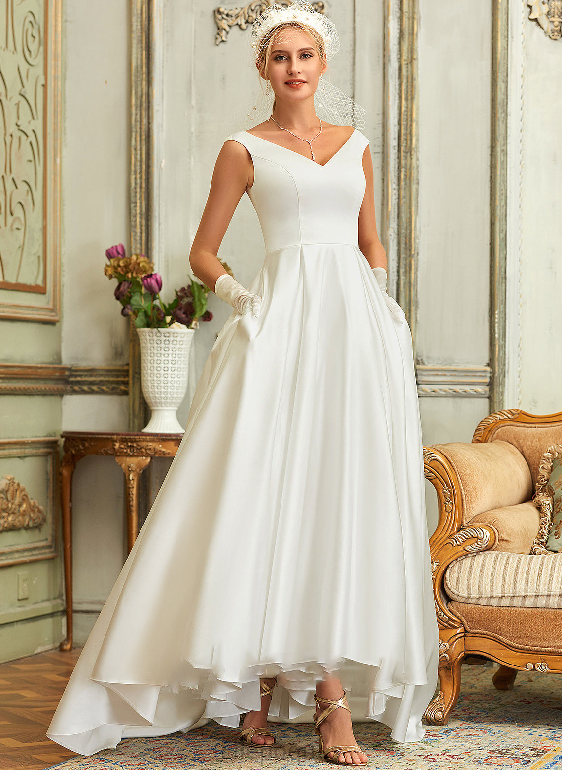 Asymmetrical Ball-Gown/Princess Satin Wedding Dresses Wedding V-neck Pockets With Dress Charlize