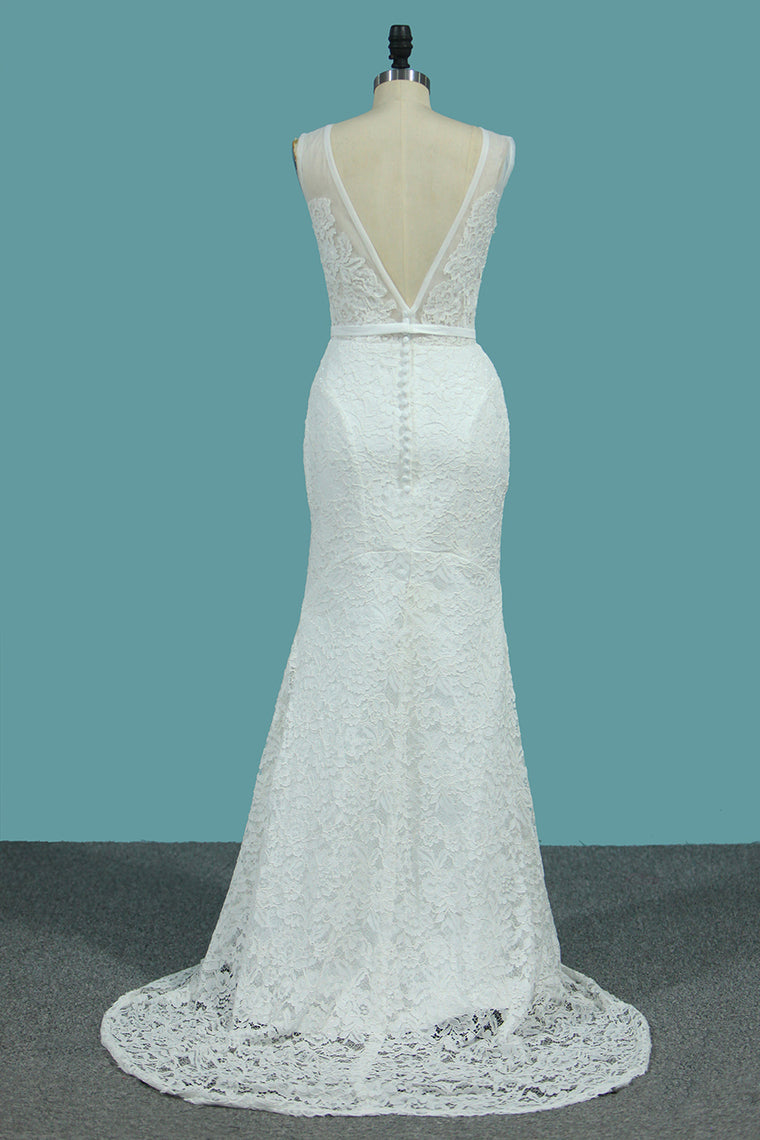 2024 Lace V Neck Wedding Dresses Mermaid With Sash Court Train