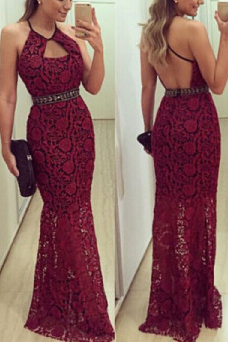 2024 Spaghetti Straps Mermaid Lace Evening Dresses With Beaded Waistline