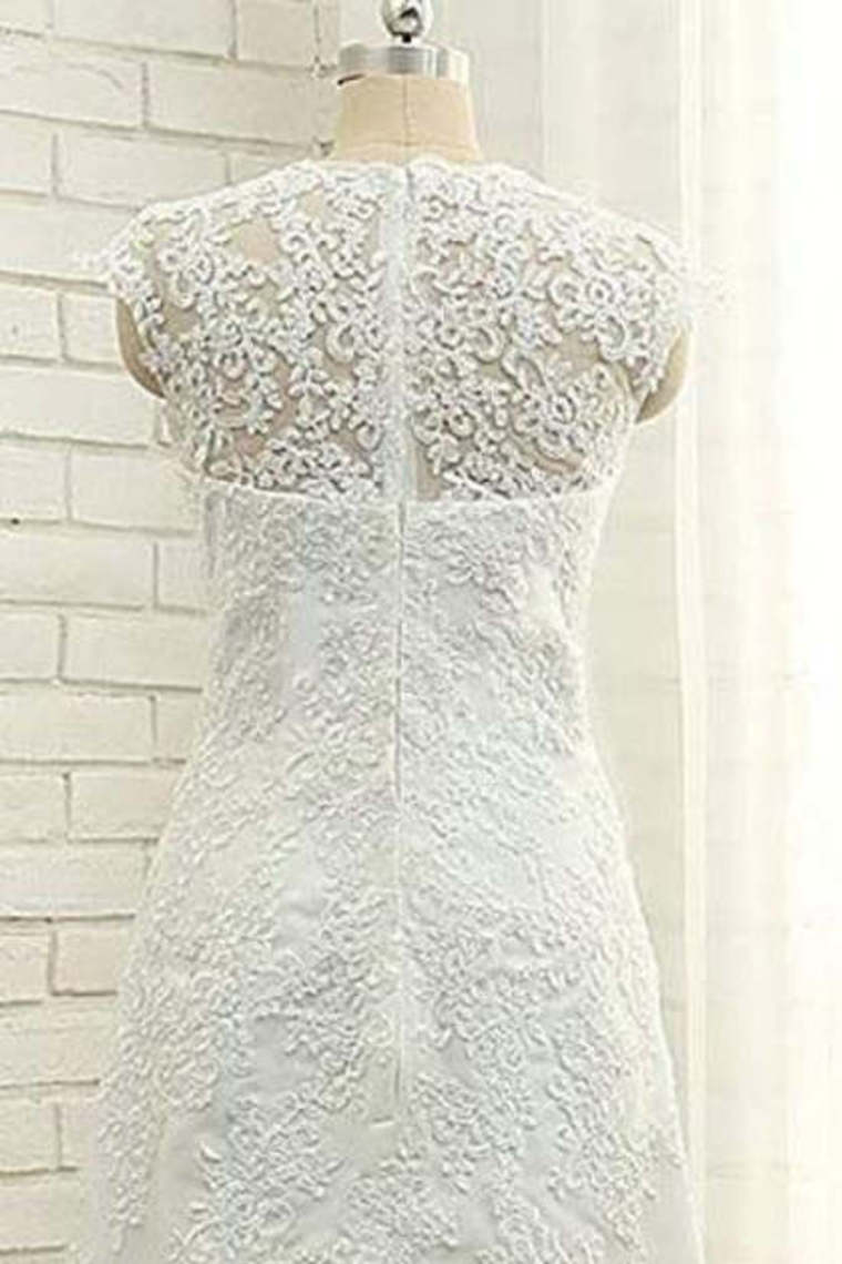 A Line V Neck Vintage High Low Capped Sleeves Lace Appliques Wedding Dresses