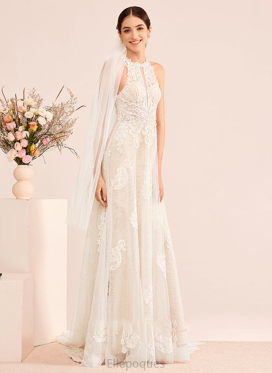 Neck Wedding Dresses Beading A-Line High Dress Train Lucy Wedding With Court