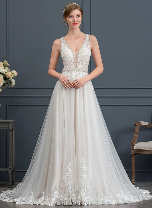 Lace Court Beading V-neck Wedding Dresses Train Tulle Sequins With Ball-Gown/Princess Wedding Dress Kenzie