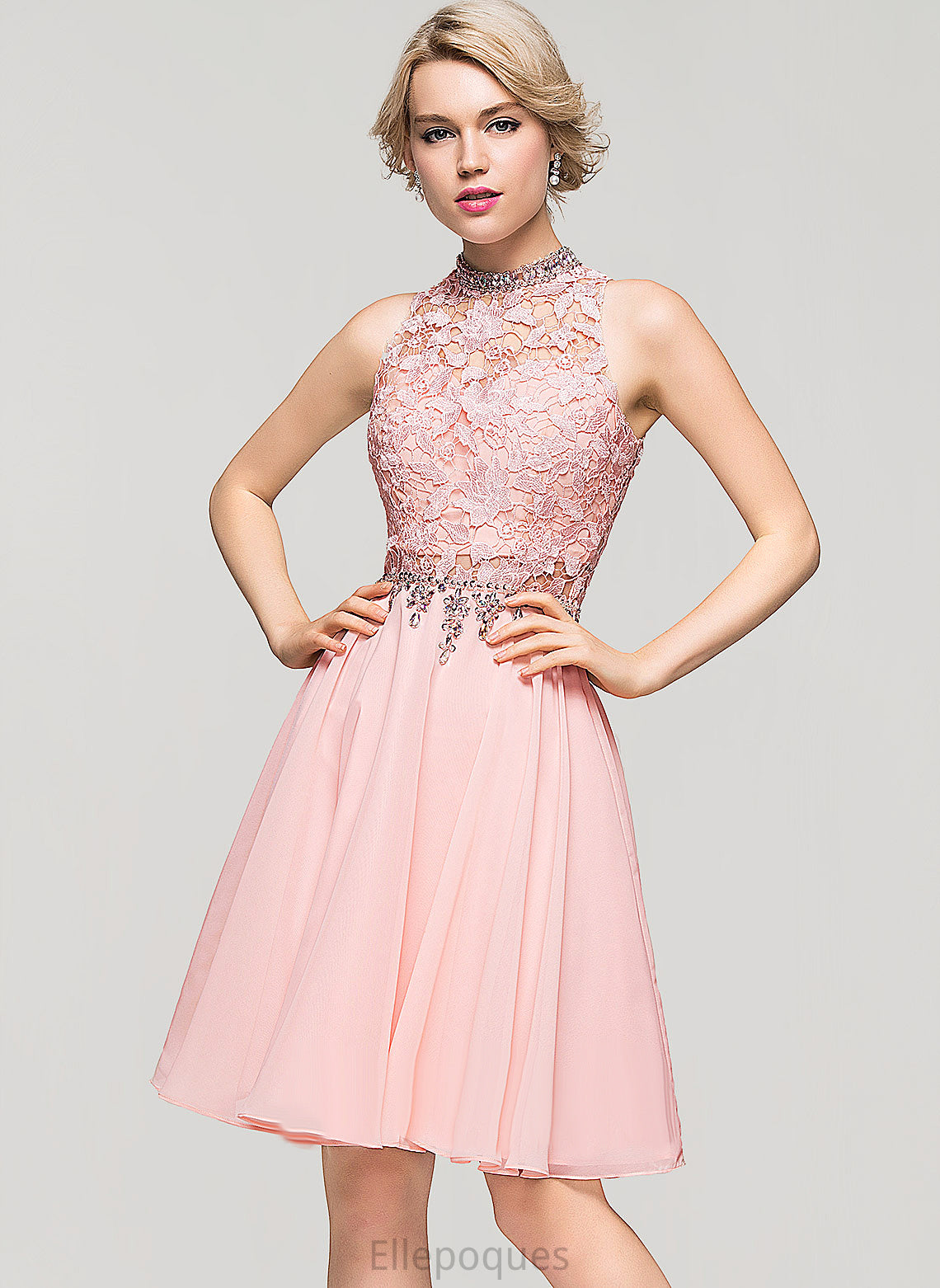 High Homecoming Dresses Chiffon With Knee-Length Beading Neck Vivian Homecoming Dress Sequins Lace A-Line