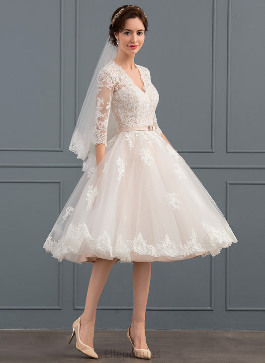 Bow(s) V-neck Alison Tulle With Wedding Knee-Length A-Line Wedding Dresses Dress