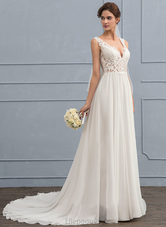 V-neck Chiffon Court Wedding Wedding Dresses A-Line Lace Halle Dress Train