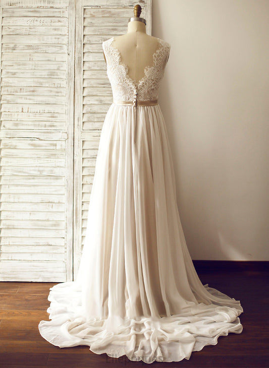 Dress Train V-neck Chiffon Wedding Dresses A-Line Wedding Juliette Court