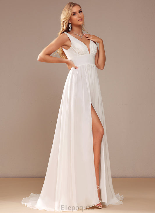 Poll Wedding A-Line Dress Sweep Chiffon V-neck Split Wedding Dresses Train Front With