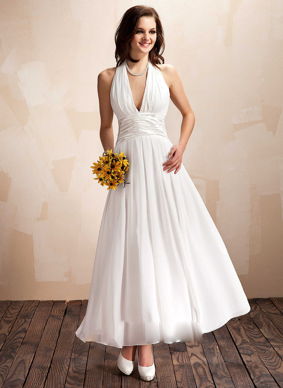 A-Line Wedding Dresses Ruffle Halter Chiffon With Wedding Haley Ankle-Length Dress Bow(s)