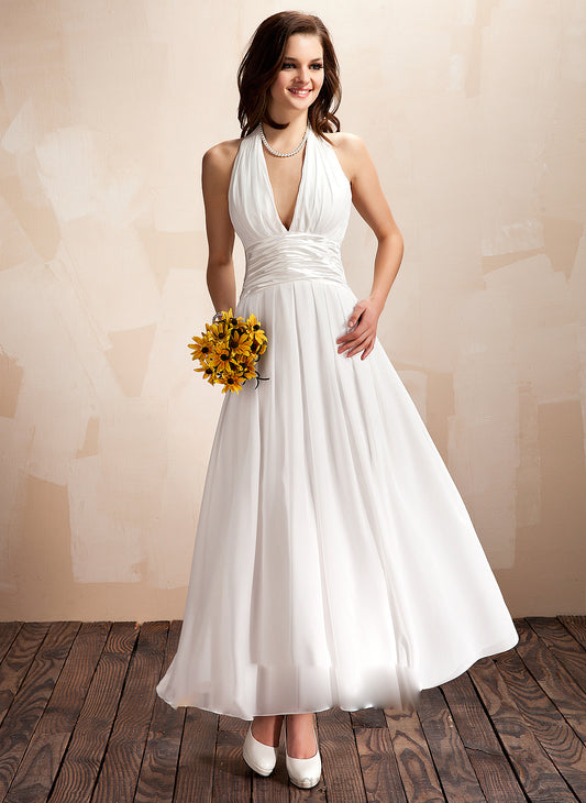 A-Line Wedding Dresses Ruffle Halter Chiffon With Wedding Haley Ankle-Length Dress Bow(s)