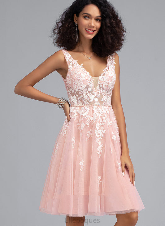 Knee-Length With Homecoming V-neck Homecoming Dresses Sequins Jaqueline A-Line Lace Dress Beading Tulle