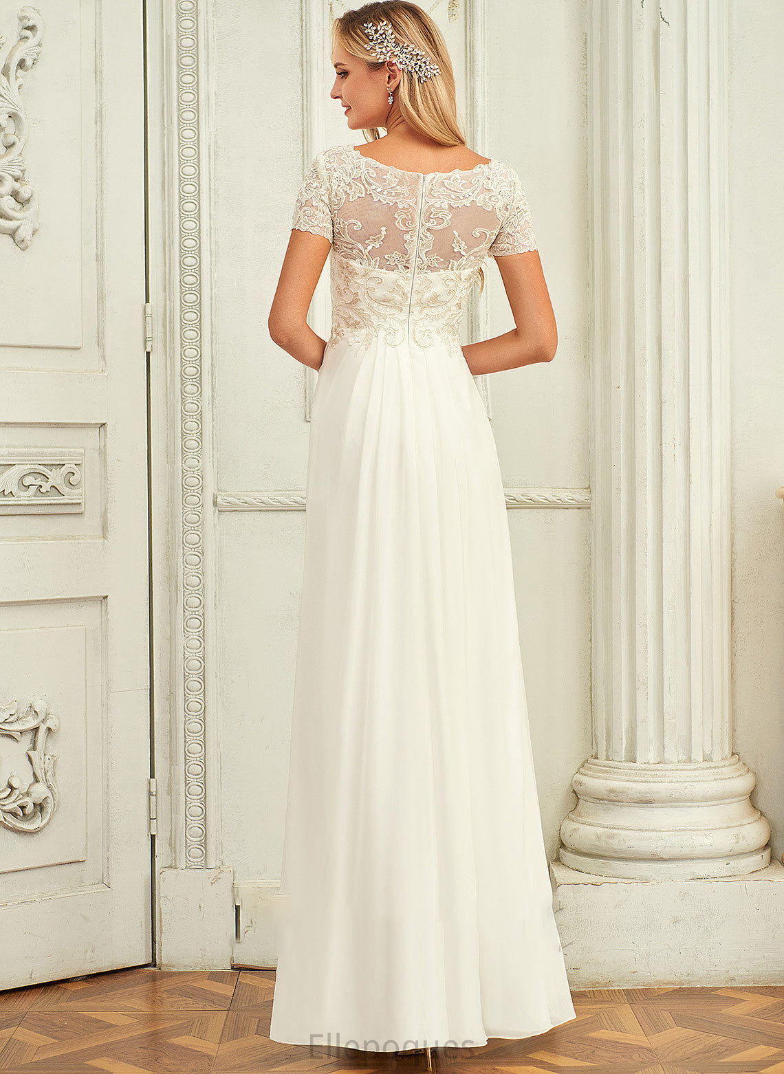 Jazmin Wedding V-neck Chiffon Wedding Dresses Lace A-Line Dress Lace Floor-Length With