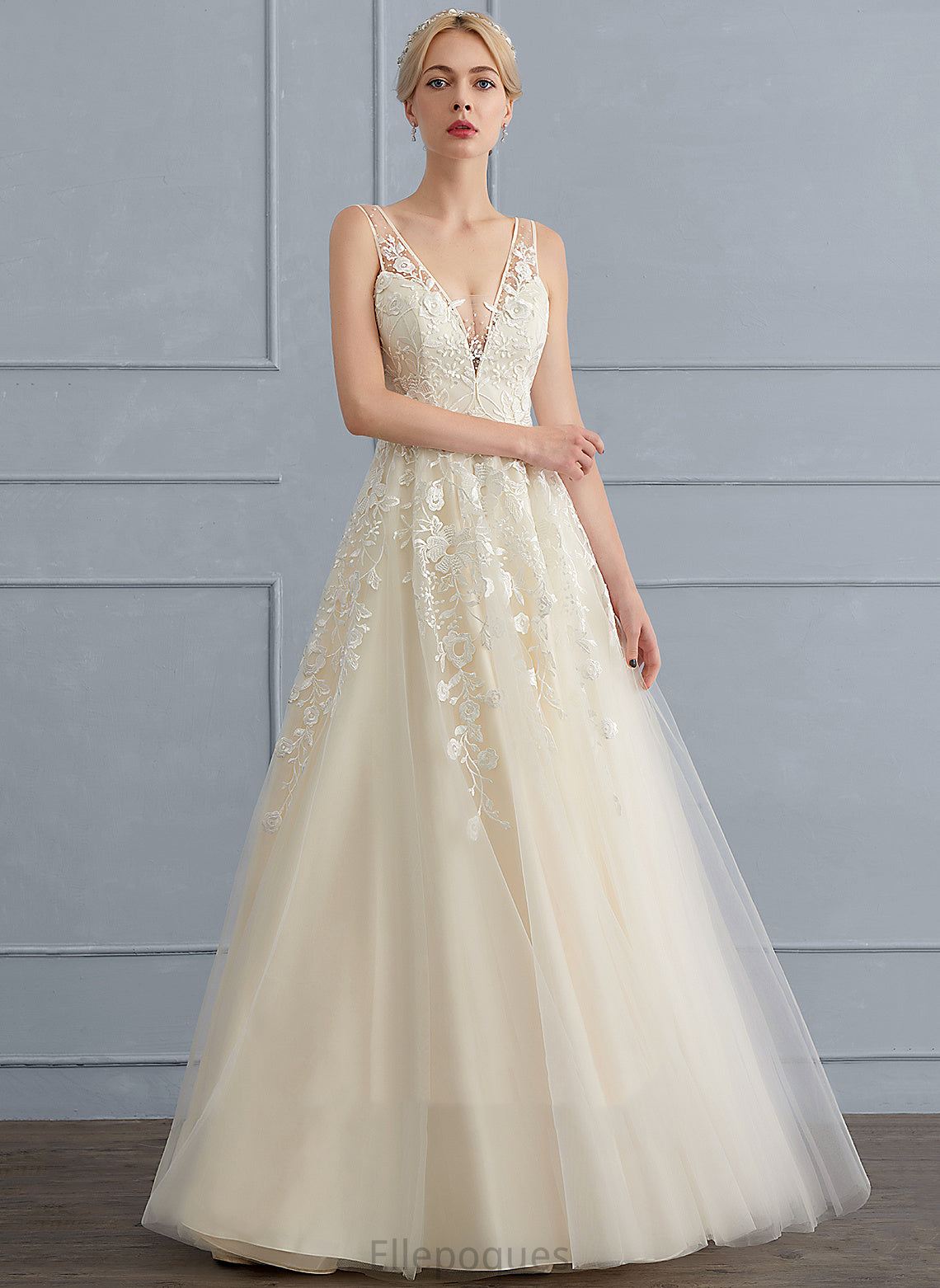 A-Line Sequins Wedding Dresses Floor-Length Lace With V-neck Tulle Estrella Beading Wedding Dress