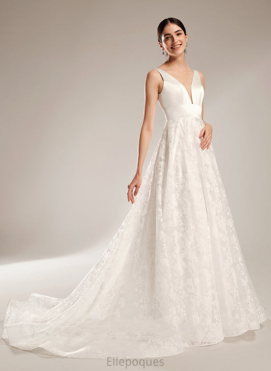 Wedding V-neck Ball-Gown/Princess Chapel Lace Satin Kate Dress Wedding Dresses Train