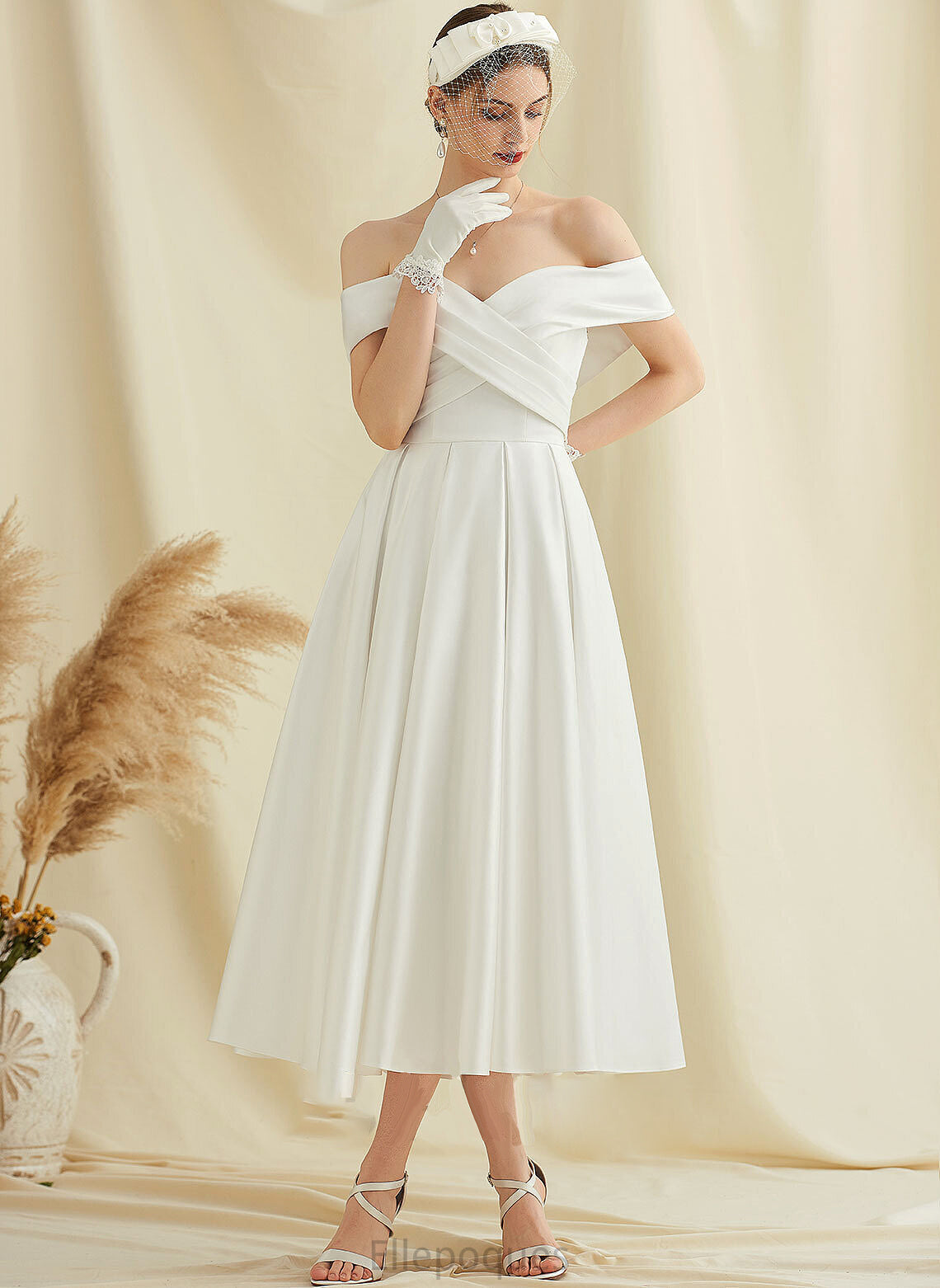 A-Line Tea-Length Pockets Satin Dress With Phyllis Wedding Dresses Wedding