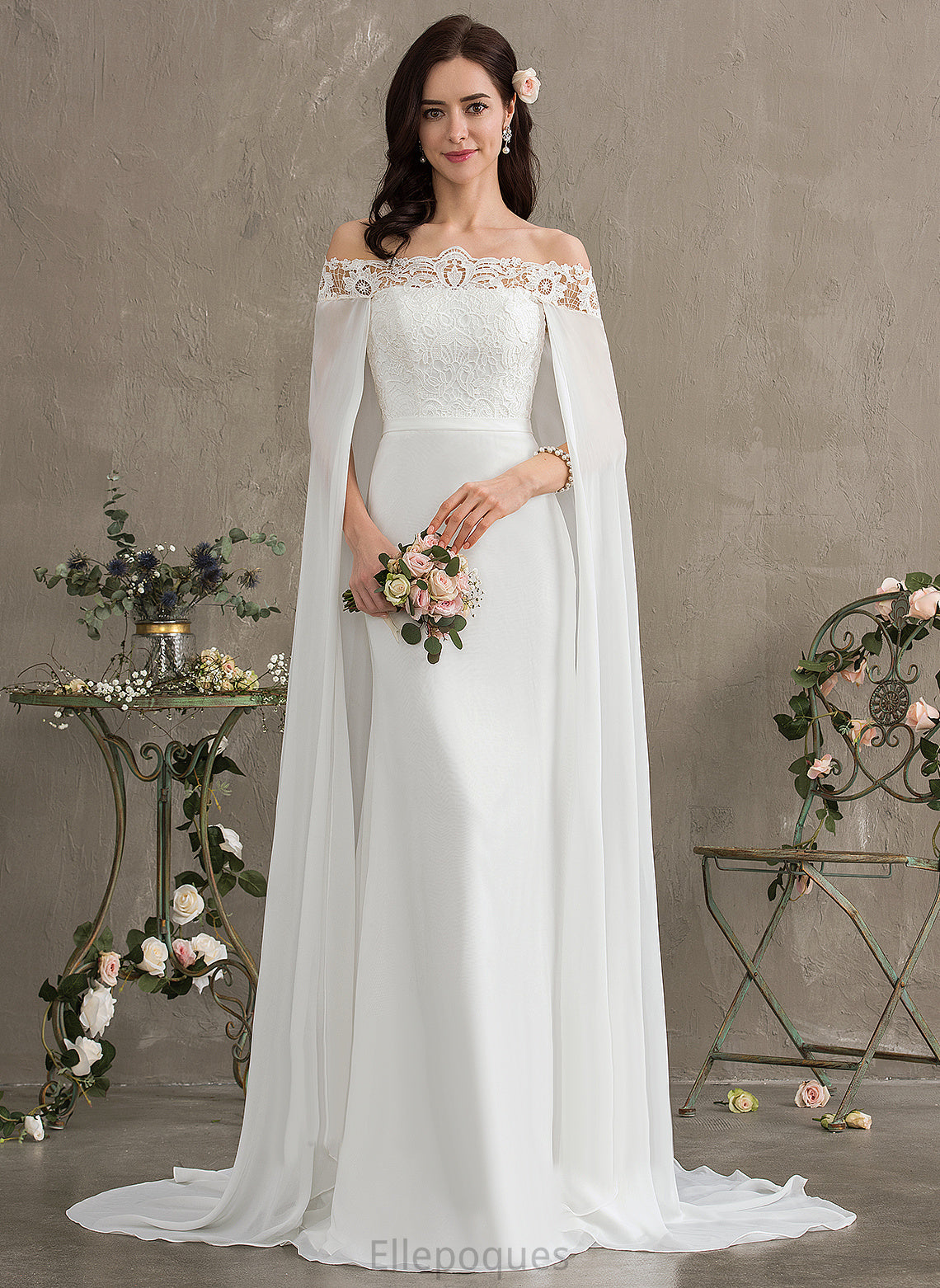 Off-the-Shoulder Lace Court Wedding Chiffon Train Lace Sheath/Column Dress Wedding Dresses With Hadassah