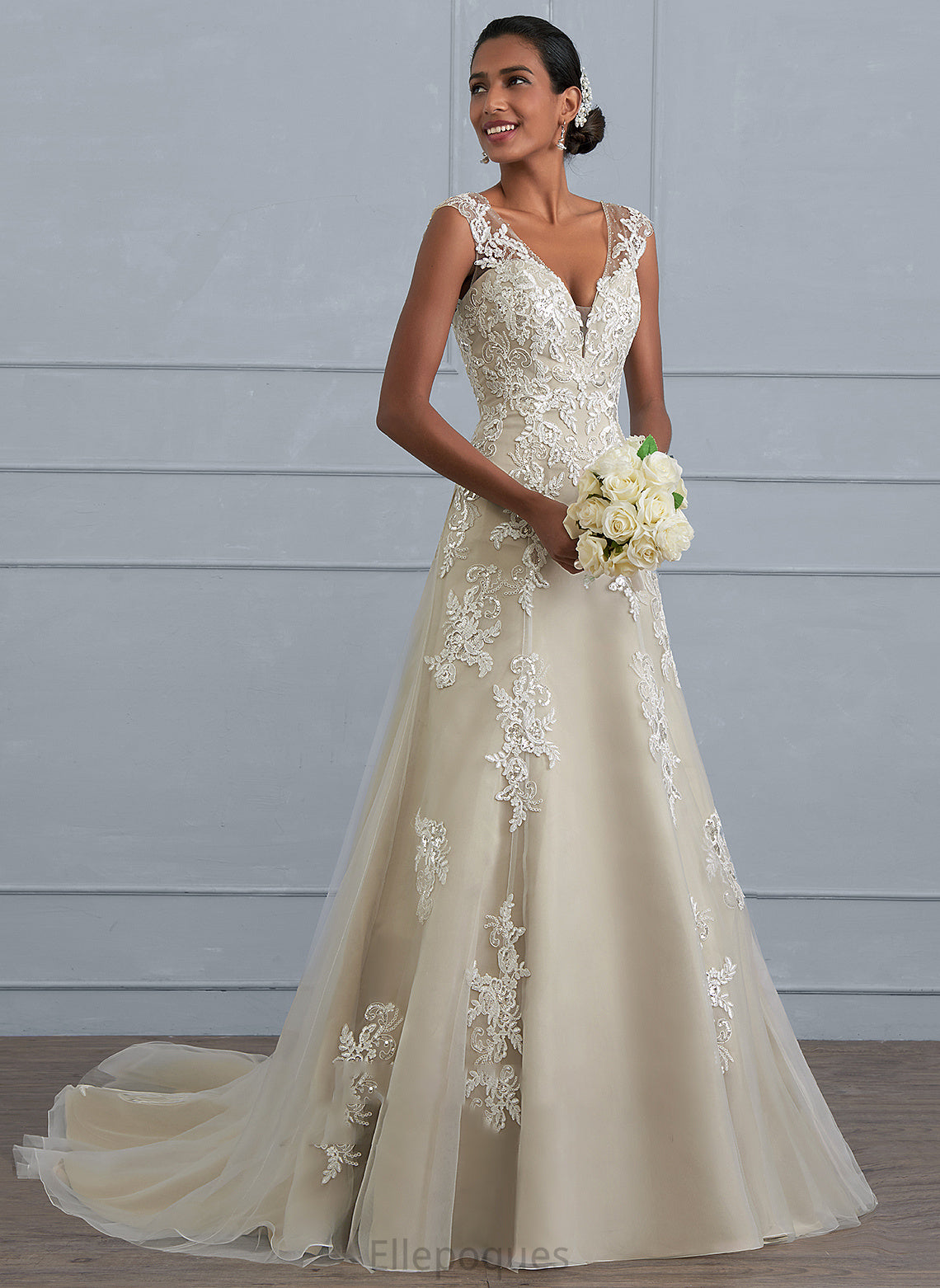 Court Beading Lace Janey Sequins V-neck Tulle Wedding Dress With Train Wedding Dresses A-Line