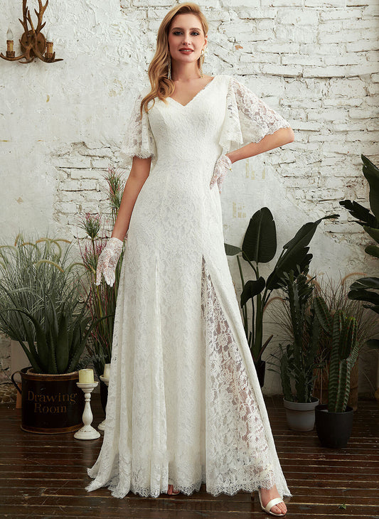 With Split Nellie Lace Dress Train Wedding Dresses V-neck Wedding Sweep Sheath/Column Front