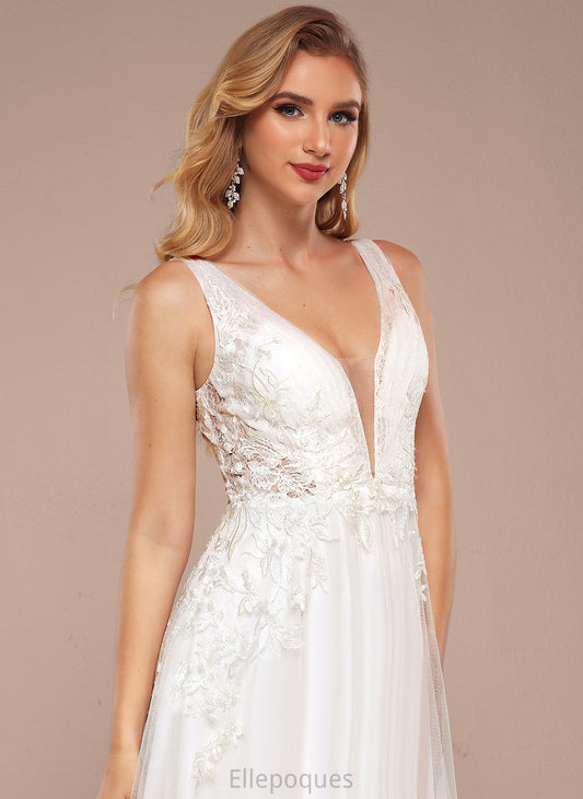 Lace Sweep Wedding Sequins Wedding Dresses With A-Line Elvira Dress Train V-neck Tulle