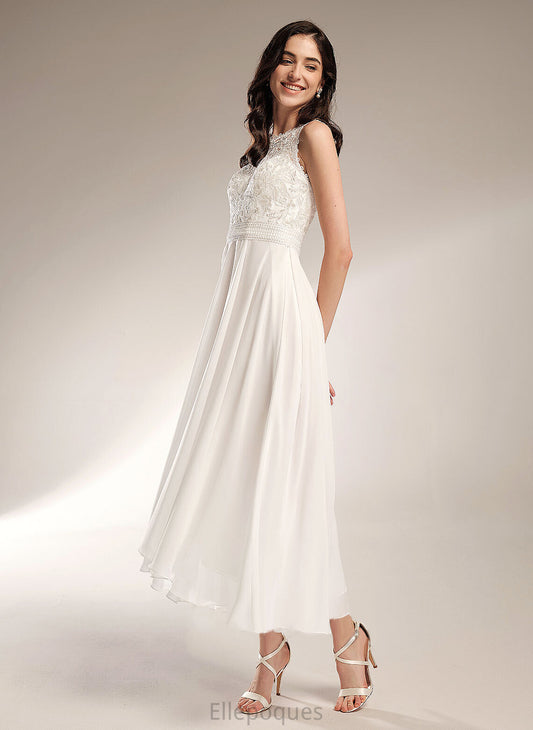 A-Line Scoop Asymmetrical Chiffon Lia Wedding Dresses Wedding Dress Neck Lace