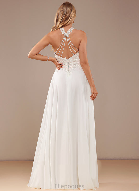 With Beading Front Lace Neck Wedding Dresses Floor-Length Lace Sequins High Chiffon Brylee Dress A-Line Wedding Split