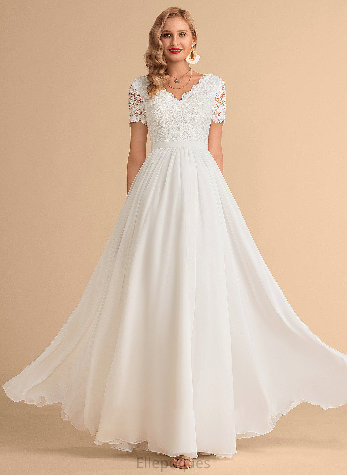 Addyson Floor-Length Lace Wedding Dresses A-Line Chiffon V-neck Wedding Dress