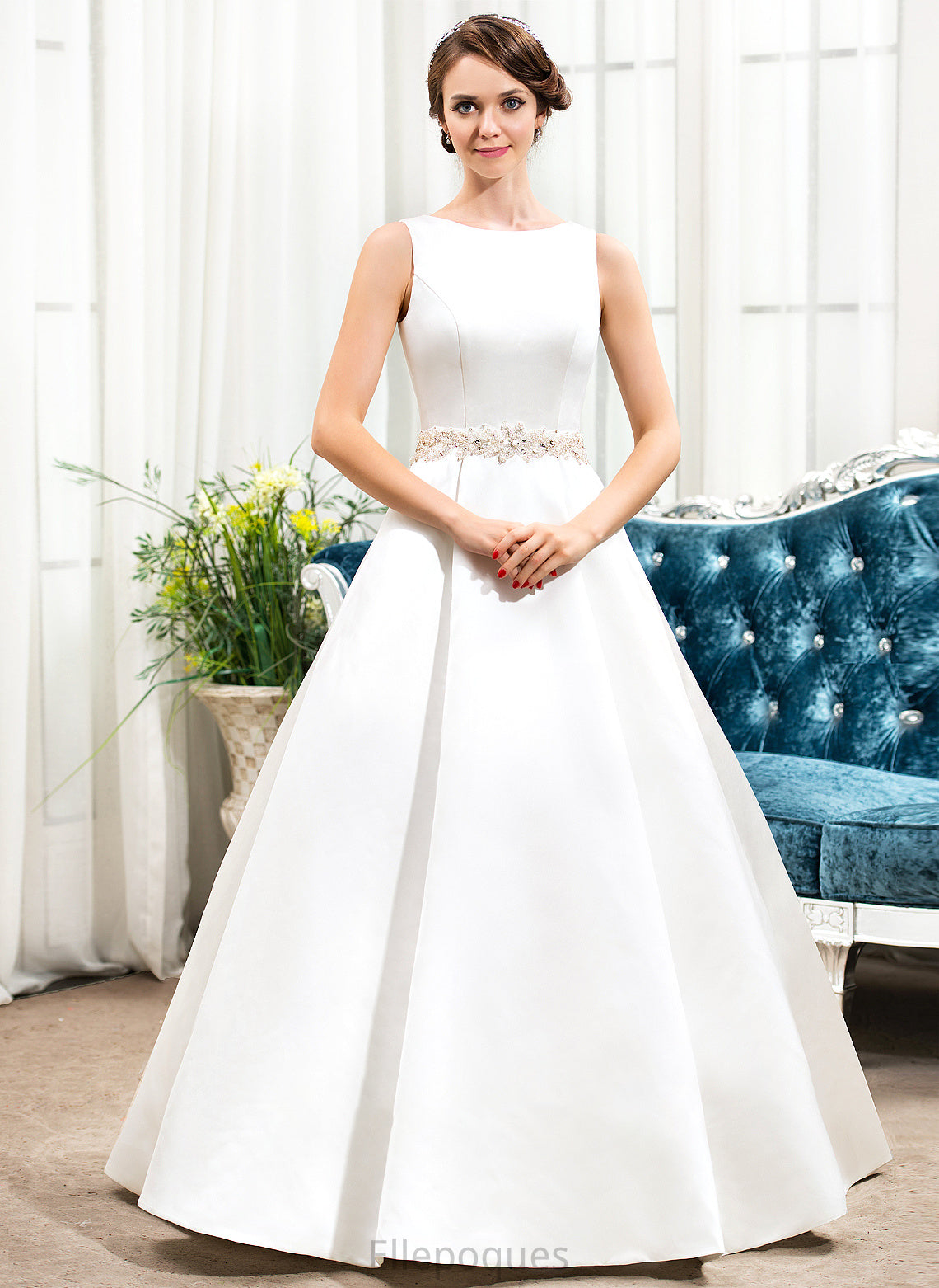 Ball-Gown/Princess Beading Neck Dress Ally Wedding Satin Floor-Length Scoop With Wedding Dresses Sequins