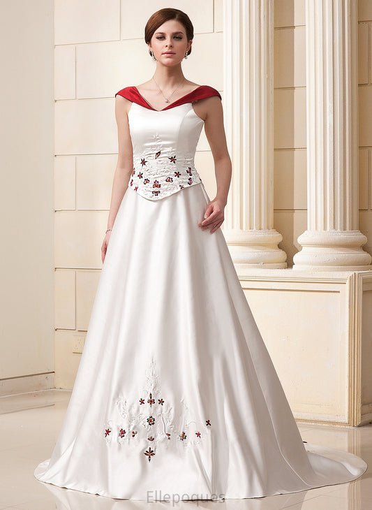 Wedding Ball-Gown/Princess Train Dress Satin Chapel Marcia With Beading Wedding Dresses Flower(s)