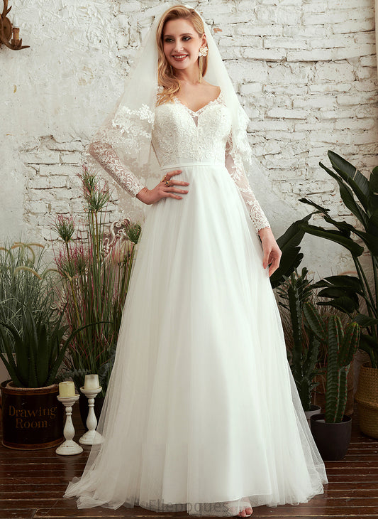 A-Line Train Dress Wedding Dresses Amya Beading Wedding Sequins V-neck With Sweep