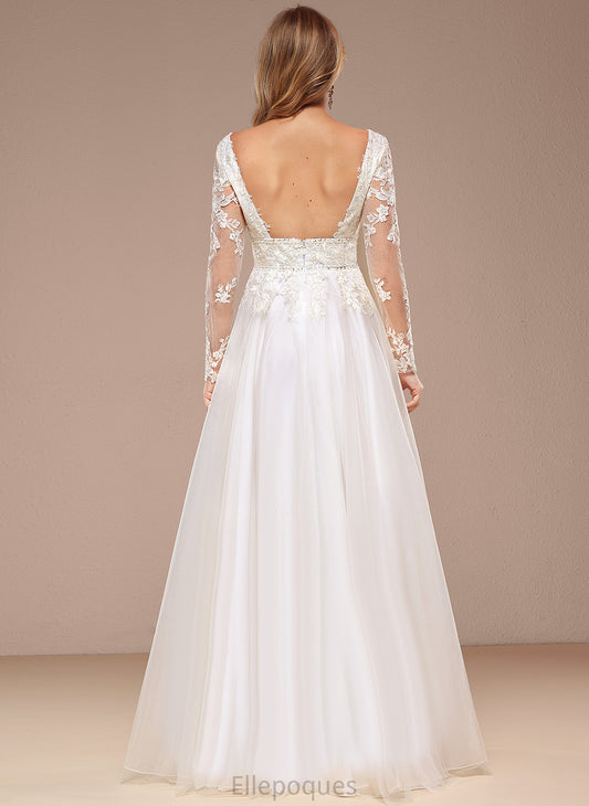 A-Line Dress Tulle Lace V-neck With Layla Sequins Floor-Length Wedding Dresses Beading Wedding