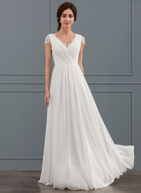 With Wedding Dresses V-neck Wedding Floor-Length Dress Lace Chiffon Ruffle A-Line Destiny