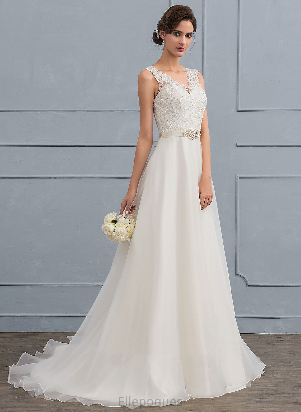 Lace With A-Line Wedding Dress Bow(s) Sweep Lauryn V-neck Beading Wedding Dresses Organza Train