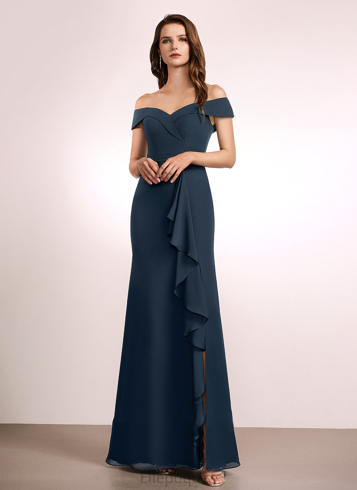 Embellishment Ruffle Neckline A-Line Off-the-Shoulder Fabric Floor-Length Silhouette Length Elisa Trumpet/Mermaid Velvet Bridesmaid Dresses