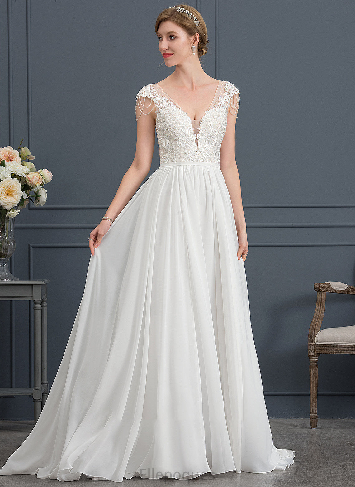 A-Line Wedding Dresses With Wedding Dress Train Beading Sweep Sequins Skyla Chiffon V-neck