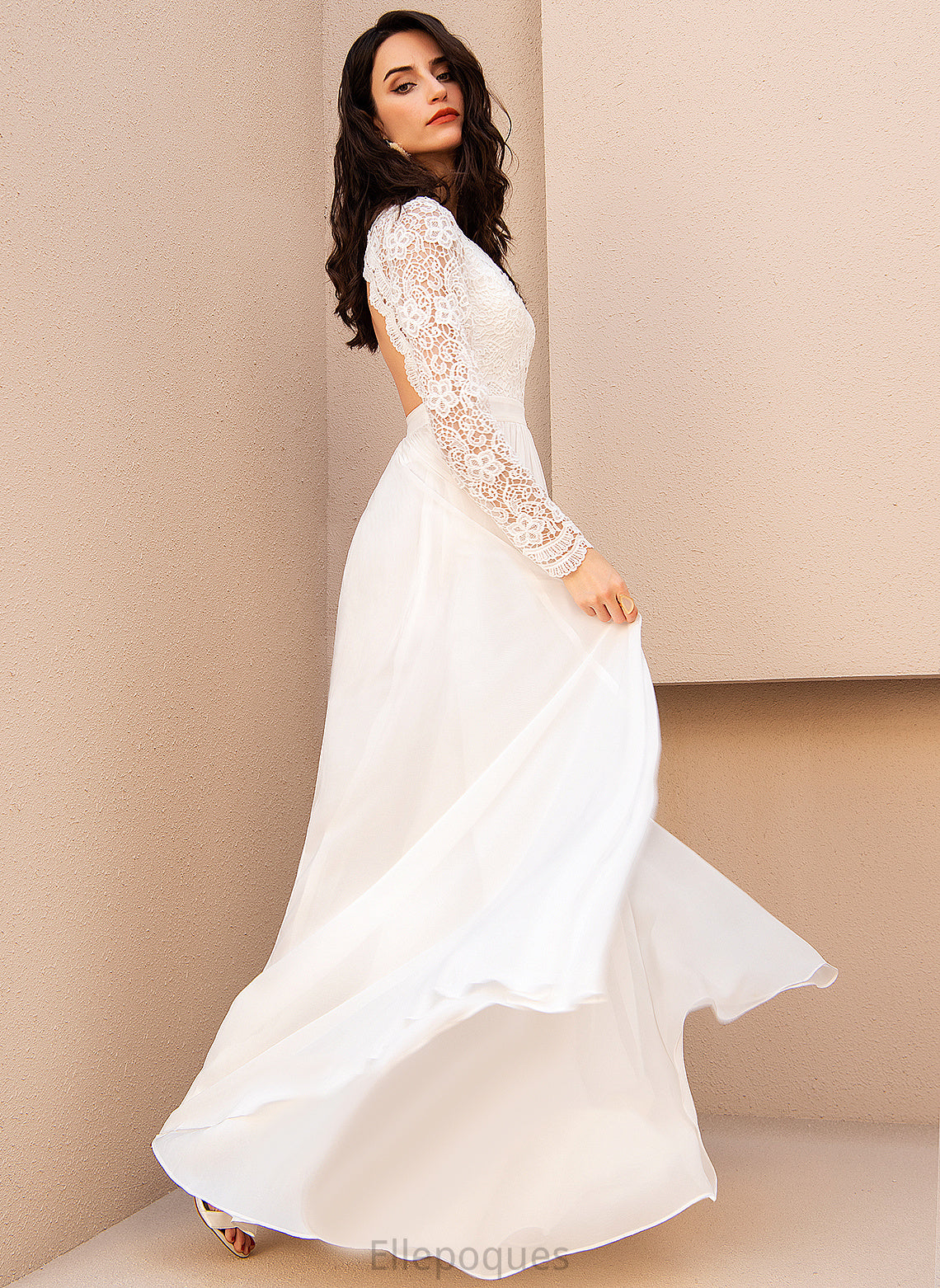 Chiffon Floor-Length A-Line Wedding Wedding Dresses V-neck Arely Dress Lace