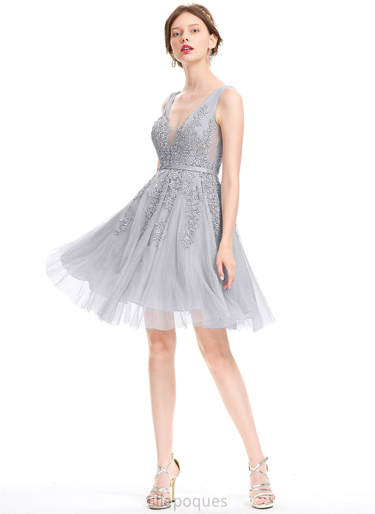 A-Line Beading Gia Homecoming Knee-Length Sequins Lace Tulle V-neck With Dress Homecoming Dresses