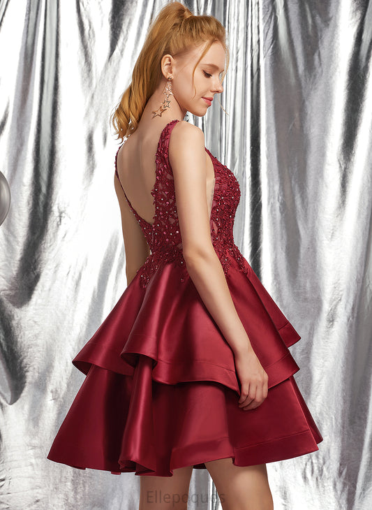 Homecoming Beading Dress Karma V-neck A-Line With Lace Sequins Satin Homecoming Dresses Short/Mini