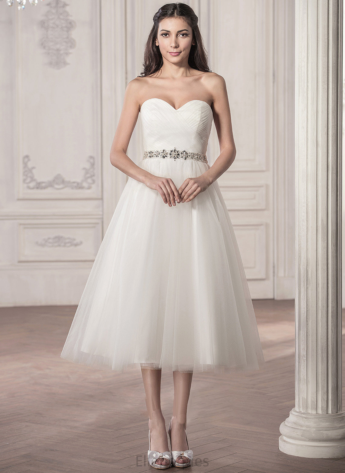 Sweetheart Annabel Beading A-Line Sequins Tea-Length With Wedding Tulle Wedding Dresses Ruffle Dress