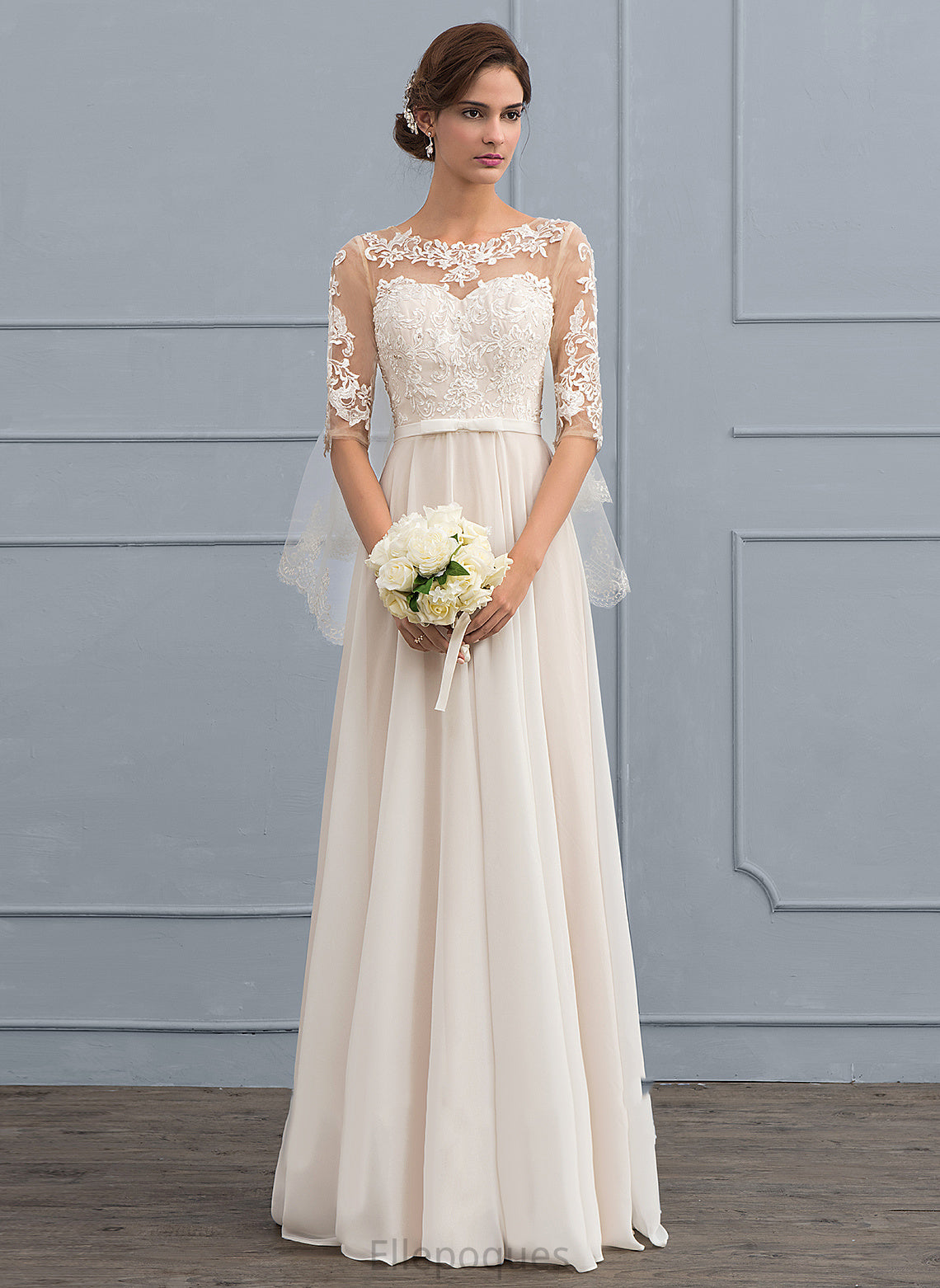 Dress Illusion Floor-Length With Wedding Lace Tatiana Bow(s) A-Line Beading Wedding Dresses Chiffon Sequins