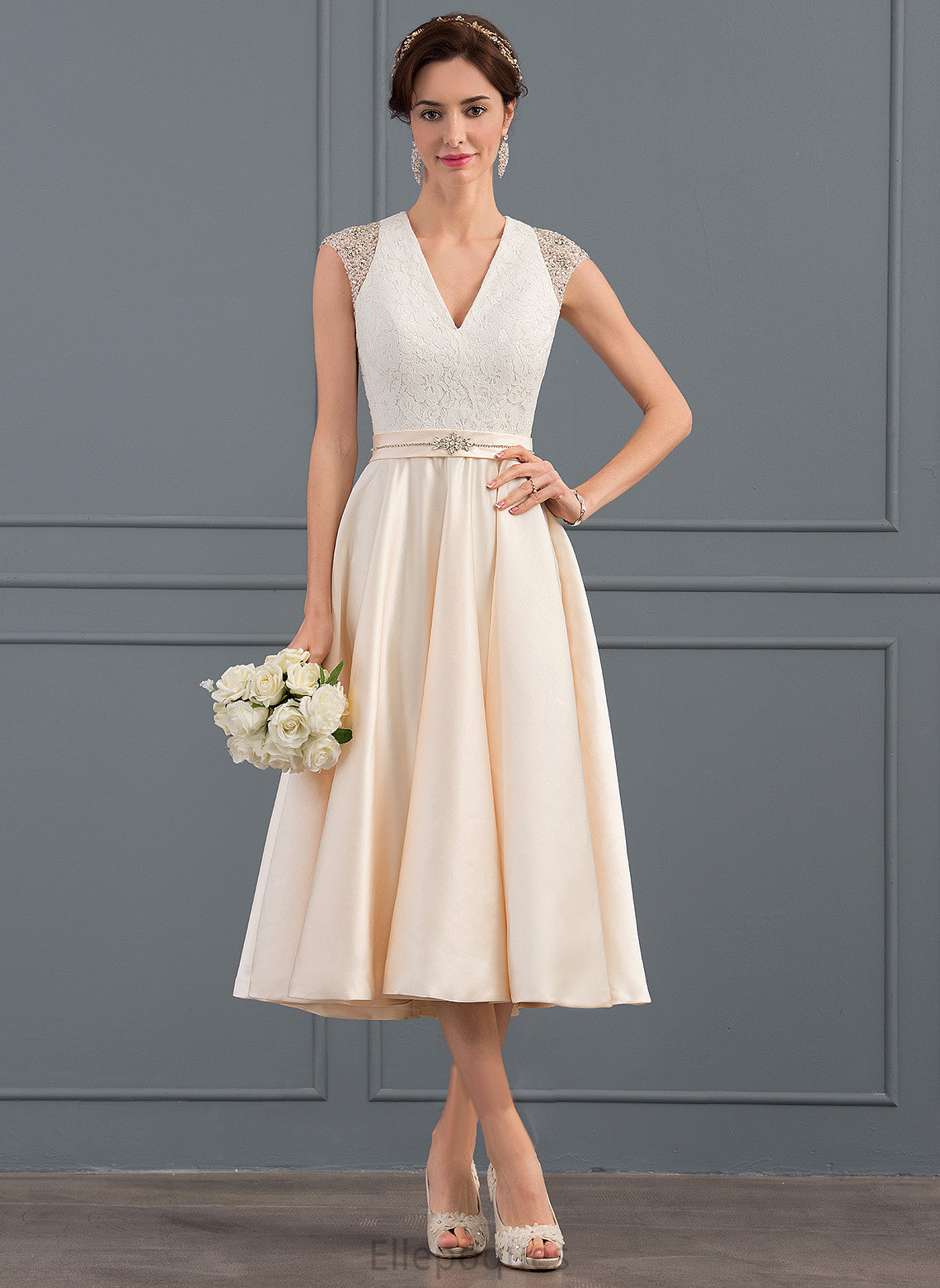 Dress Wedding Dresses Athena Lace V-neck Tea-Length Wedding Satin Sequins With A-Line Beading