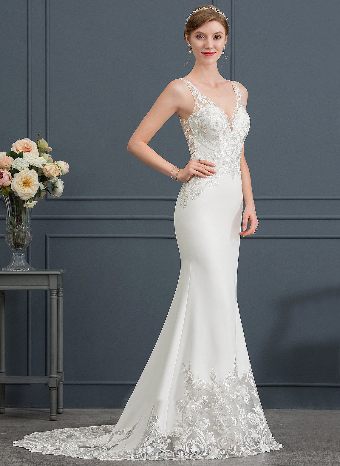 Crepe Train V-neck Lace Stretch Ashlyn Dress Court Trumpet/Mermaid Wedding Wedding Dresses