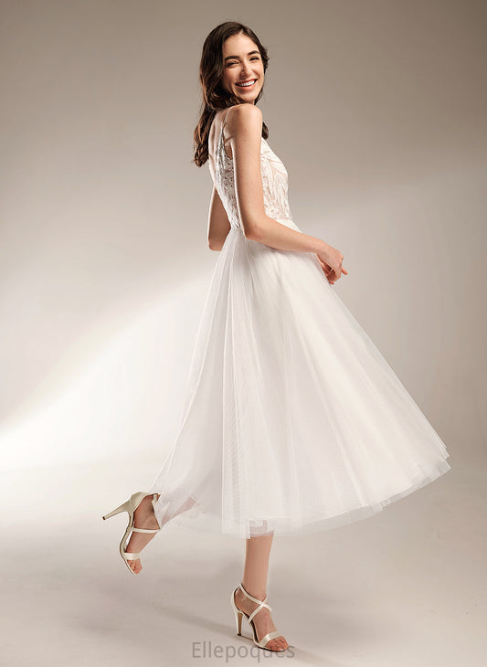 Tea-Length Dress Amaya A-Line Lace V-neck Wedding Wedding Dresses Tulle