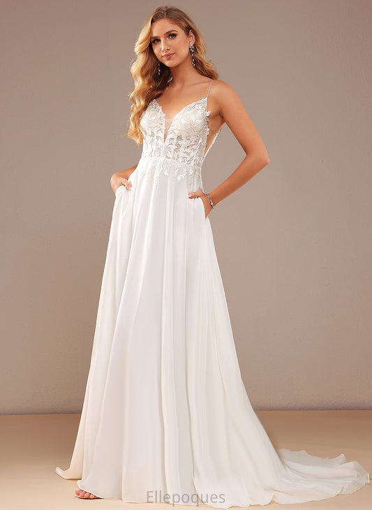 Lace Sequins Train Wedding Chiffon Pockets Lace Feather Wedding Dresses V-neck A-Line Court Margaret With Dress Beading