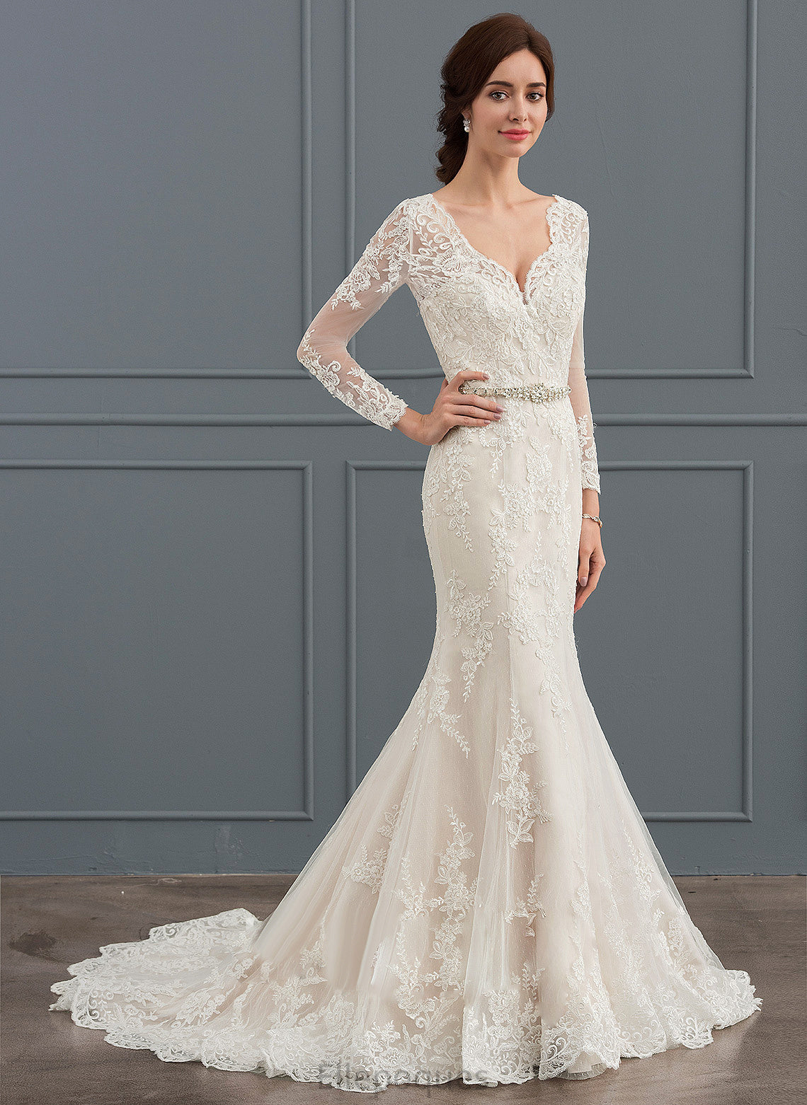 V-neck Lace With Wedding Dresses Sandra Court Tulle Trumpet/Mermaid Dress Beading Wedding Train