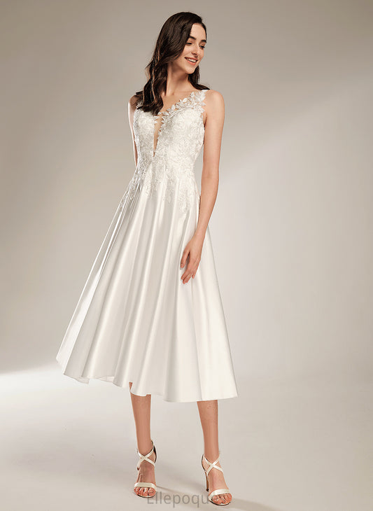 Tea-Length V-neck Dress Wedding A-Line Lace Marisol Satin Wedding Dresses With Pockets