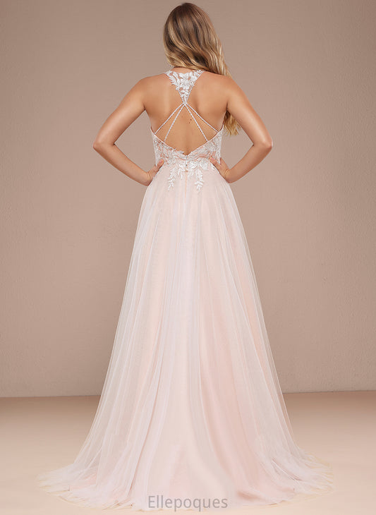 Wedding Sweep Dress Train Halter Beryl Sequins With Lace Wedding Dresses Beading Tulle A-Line