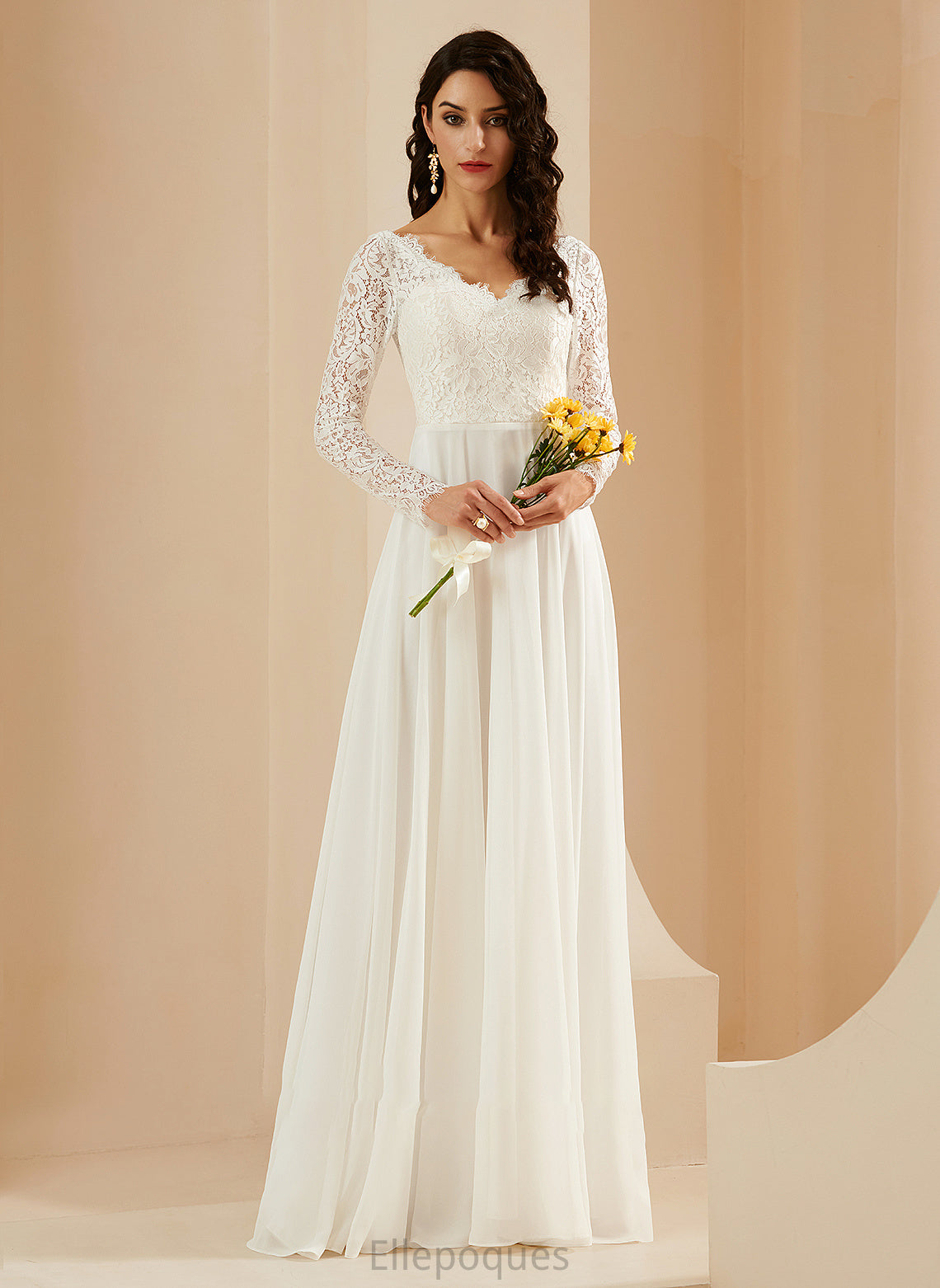 Wedding Dresses A-Line Selena Lace With Wedding Train Sweep V-neck Dress